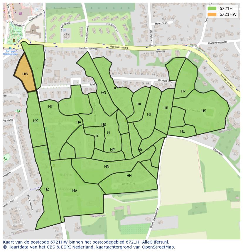 Afbeelding van het postcodegebied 6721 HW op de kaart.