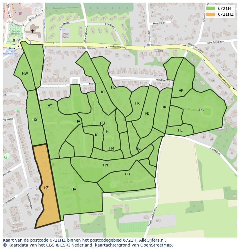 Afbeelding van het postcodegebied 6721 HZ op de kaart.