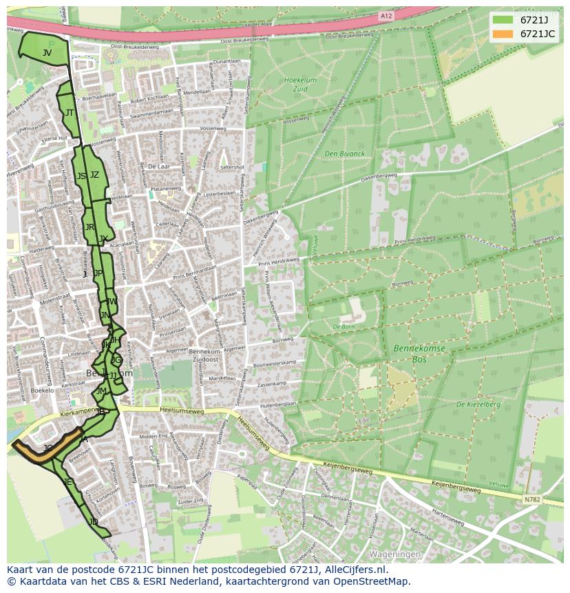 Afbeelding van het postcodegebied 6721 JC op de kaart.