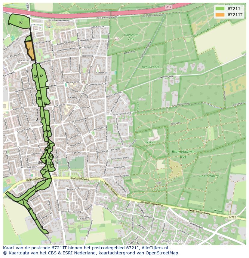 Afbeelding van het postcodegebied 6721 JT op de kaart.
