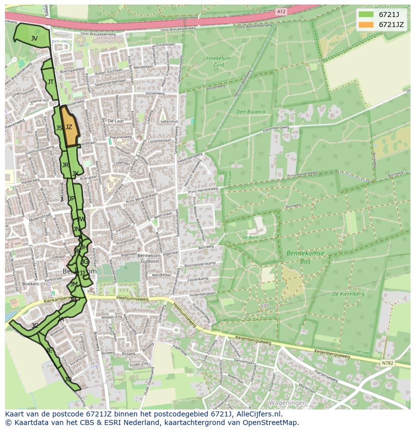 Afbeelding van het postcodegebied 6721 JZ op de kaart.