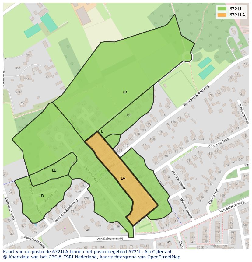 Afbeelding van het postcodegebied 6721 LA op de kaart.