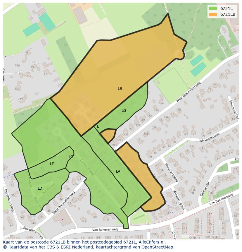 Afbeelding van het postcodegebied 6721 LB op de kaart.