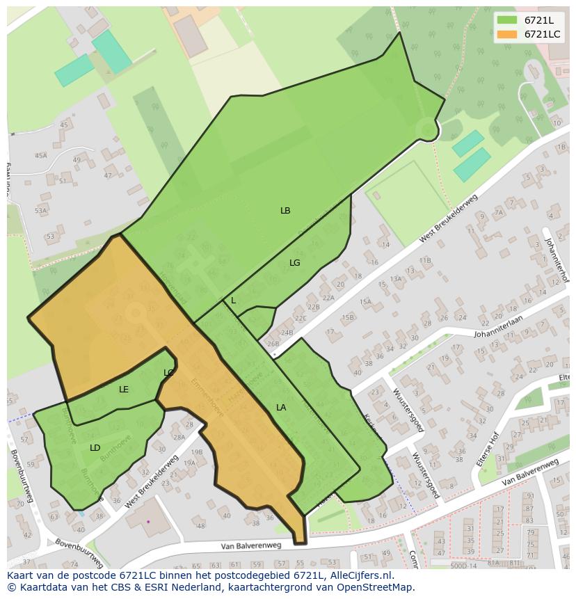 Afbeelding van het postcodegebied 6721 LC op de kaart.