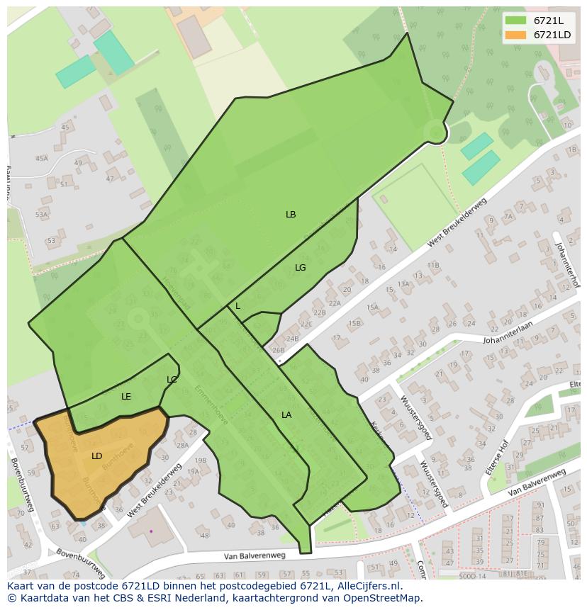 Afbeelding van het postcodegebied 6721 LD op de kaart.