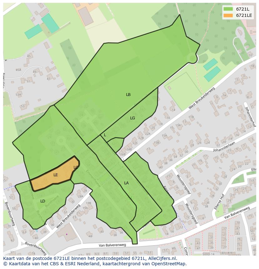 Afbeelding van het postcodegebied 6721 LE op de kaart.