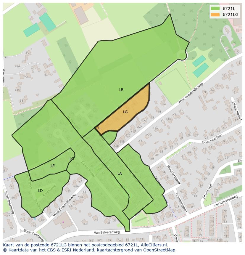 Afbeelding van het postcodegebied 6721 LG op de kaart.