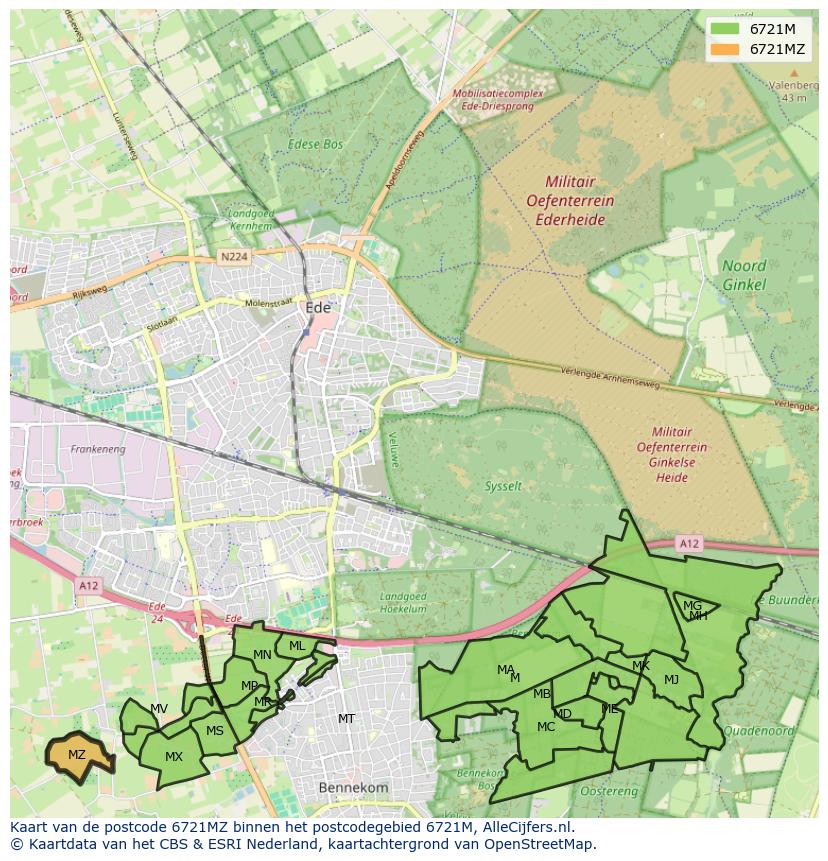 Afbeelding van het postcodegebied 6721 MZ op de kaart.