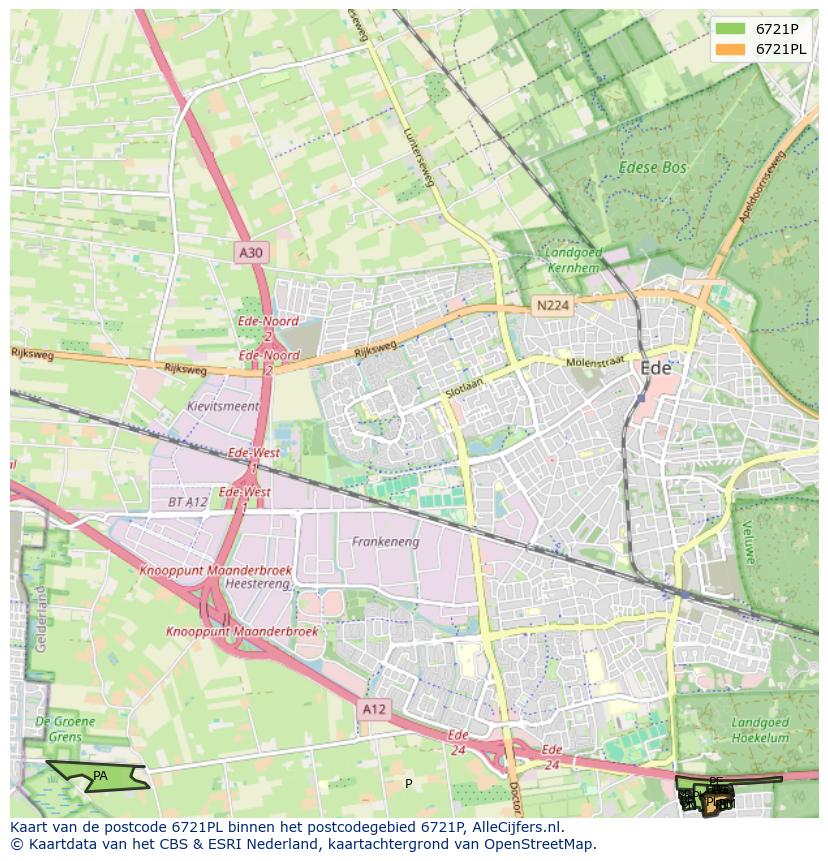 Afbeelding van het postcodegebied 6721 PL op de kaart.