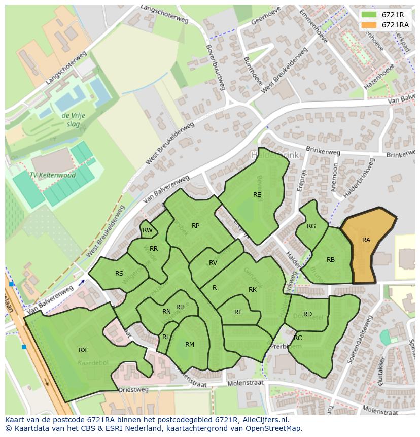 Afbeelding van het postcodegebied 6721 RA op de kaart.