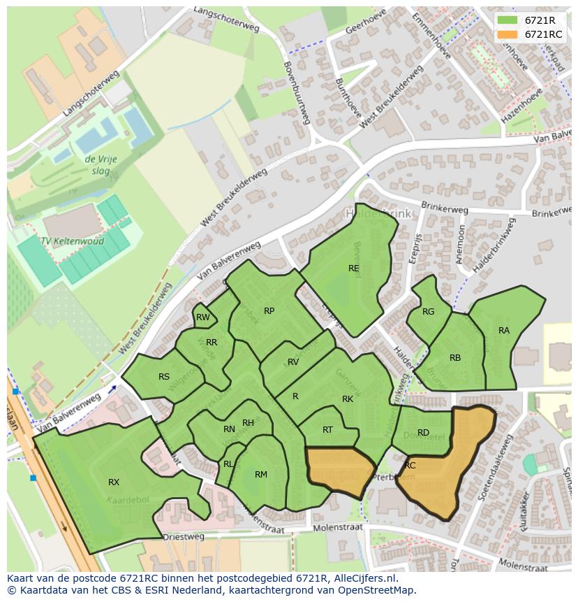 Afbeelding van het postcodegebied 6721 RC op de kaart.