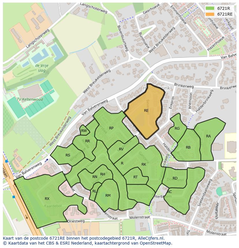 Afbeelding van het postcodegebied 6721 RE op de kaart.