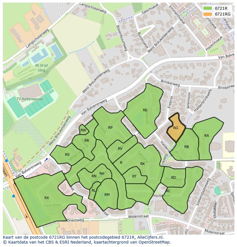 Afbeelding van het postcodegebied 6721 RG op de kaart.