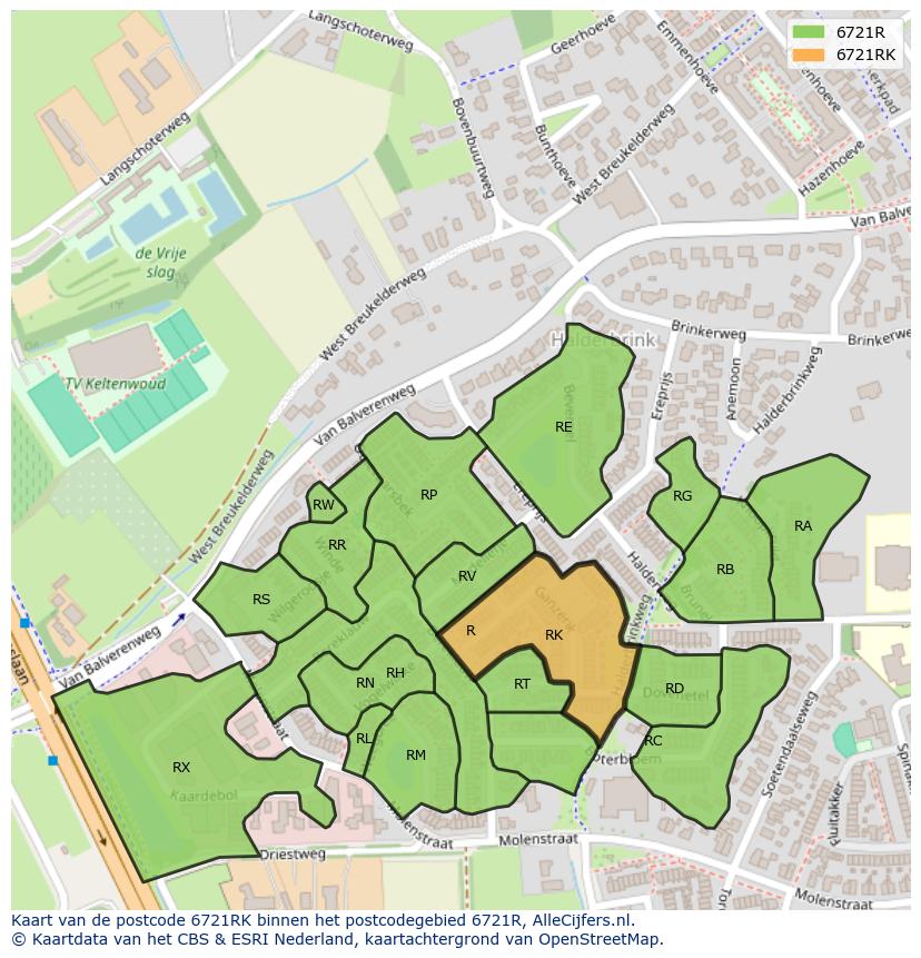 Afbeelding van het postcodegebied 6721 RK op de kaart.
