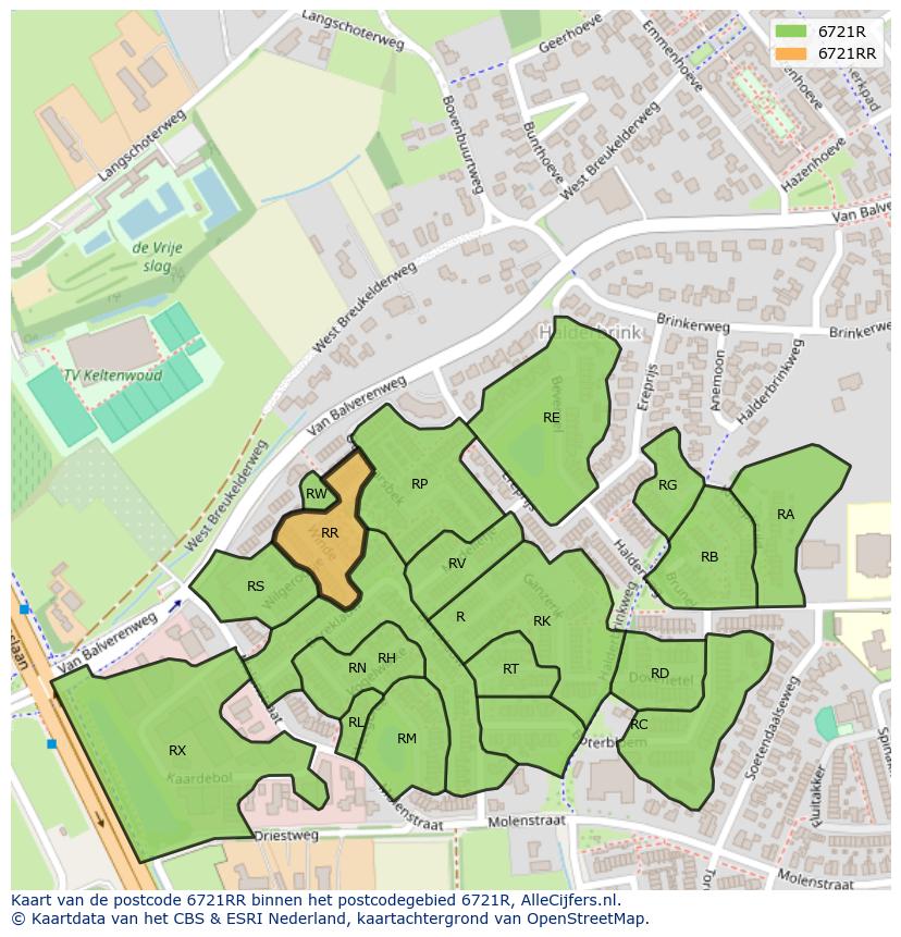 Afbeelding van het postcodegebied 6721 RR op de kaart.