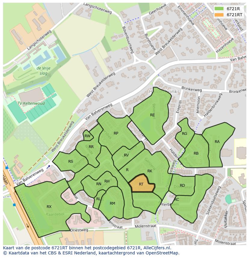 Afbeelding van het postcodegebied 6721 RT op de kaart.