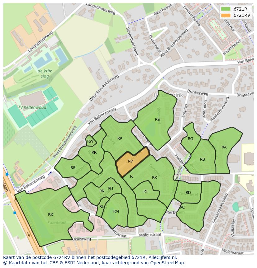 Afbeelding van het postcodegebied 6721 RV op de kaart.