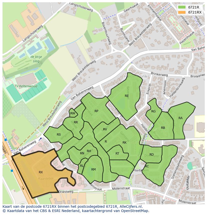 Afbeelding van het postcodegebied 6721 RX op de kaart.