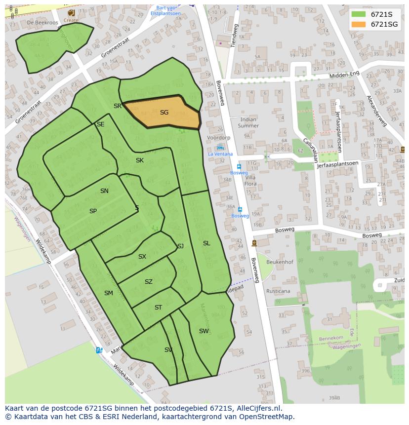 Afbeelding van het postcodegebied 6721 SG op de kaart.