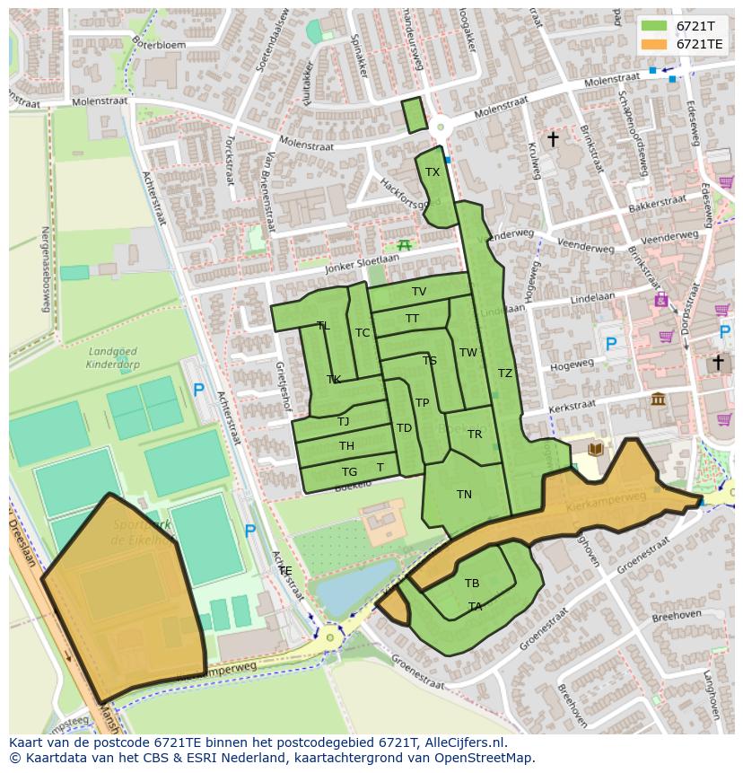 Afbeelding van het postcodegebied 6721 TE op de kaart.
