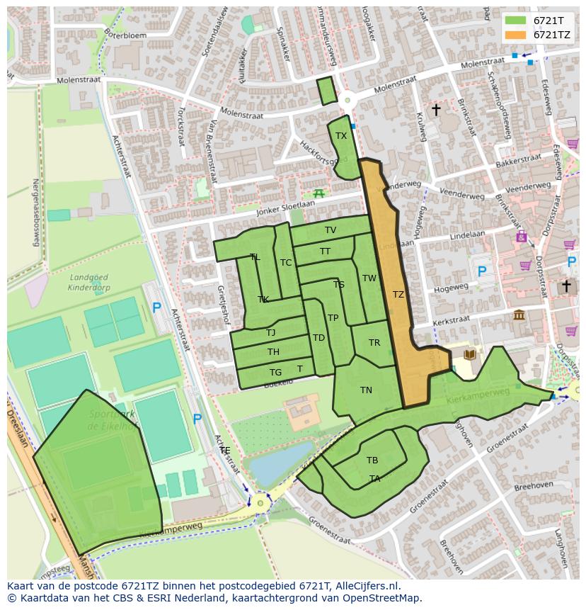 Afbeelding van het postcodegebied 6721 TZ op de kaart.