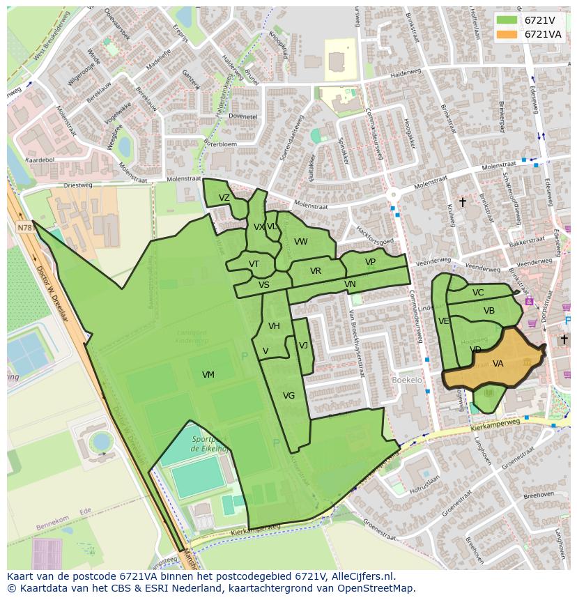 Afbeelding van het postcodegebied 6721 VA op de kaart.