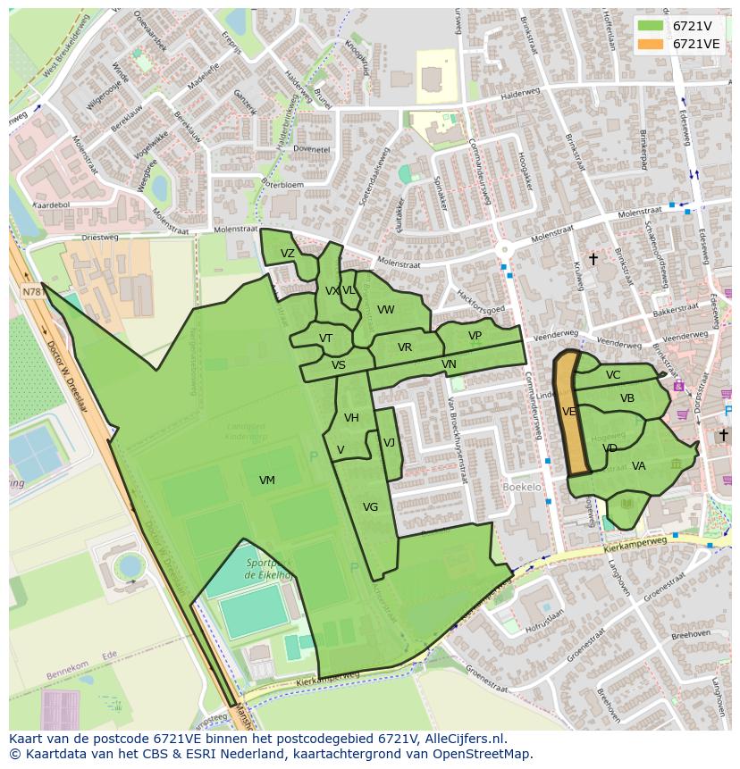 Afbeelding van het postcodegebied 6721 VE op de kaart.