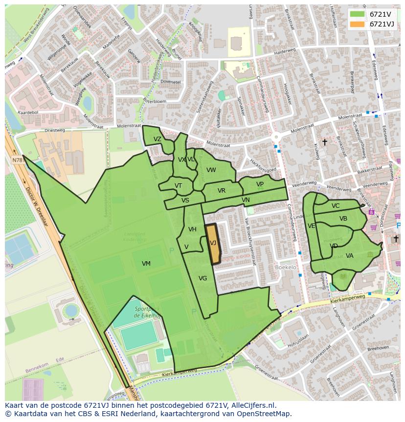 Afbeelding van het postcodegebied 6721 VJ op de kaart.
