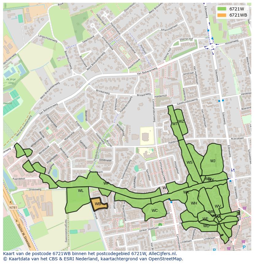 Afbeelding van het postcodegebied 6721 WB op de kaart.
