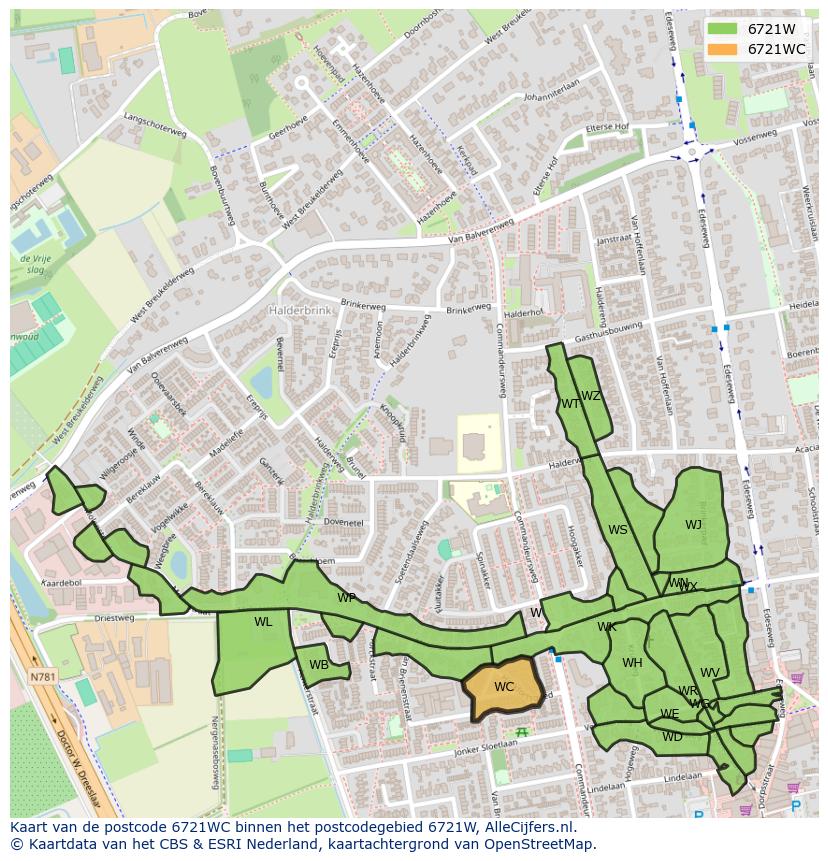Afbeelding van het postcodegebied 6721 WC op de kaart.