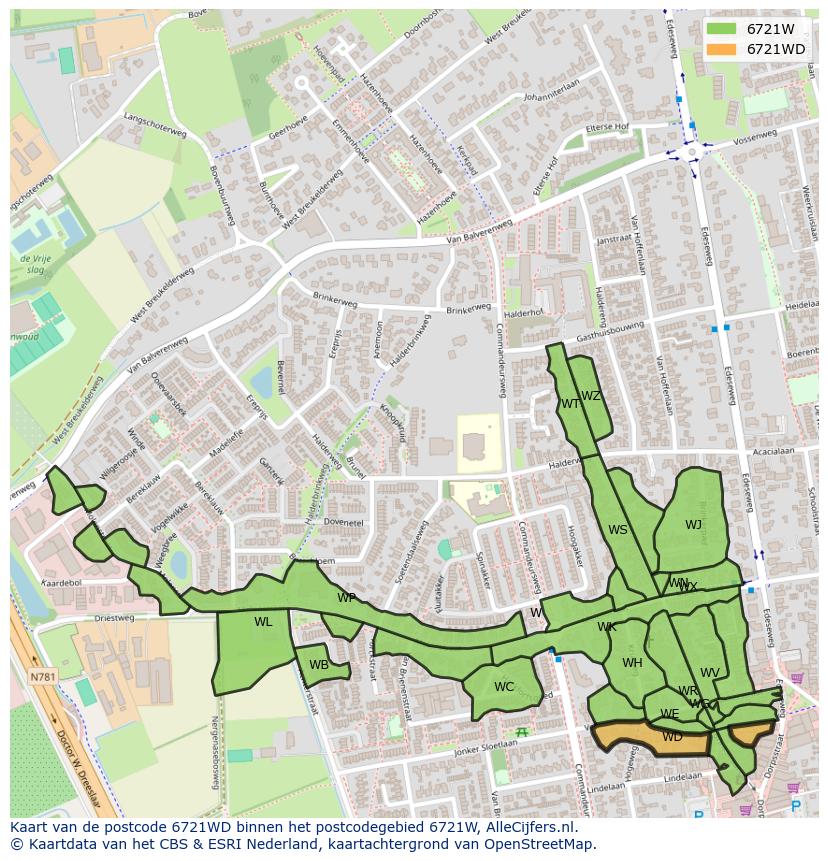 Afbeelding van het postcodegebied 6721 WD op de kaart.