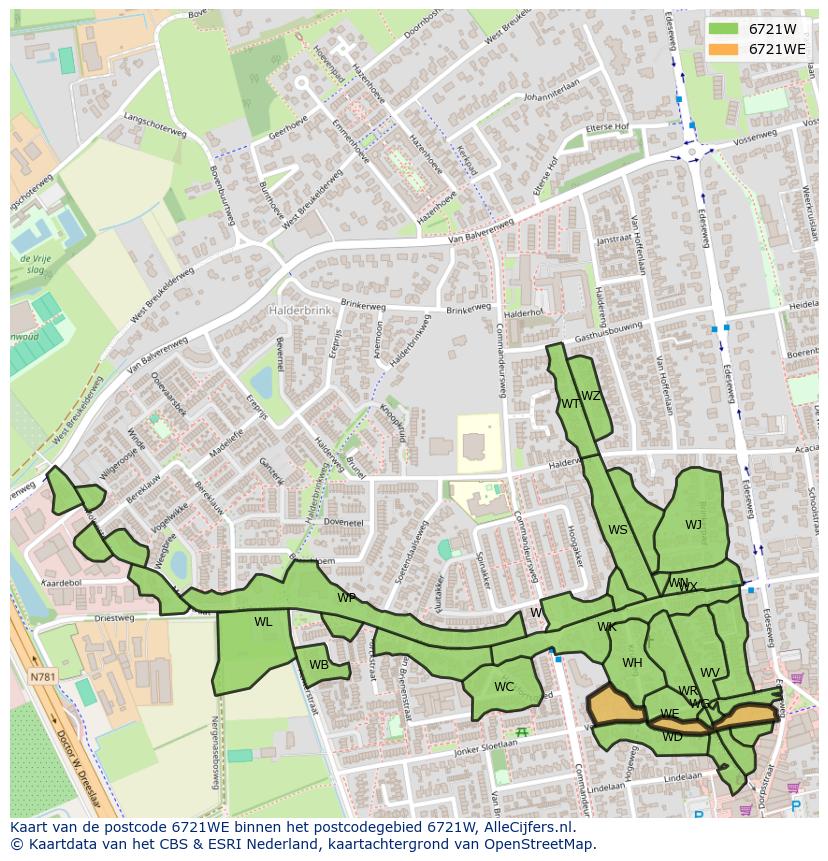 Afbeelding van het postcodegebied 6721 WE op de kaart.