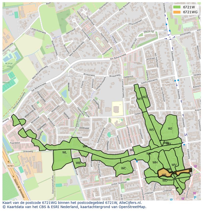 Afbeelding van het postcodegebied 6721 WG op de kaart.