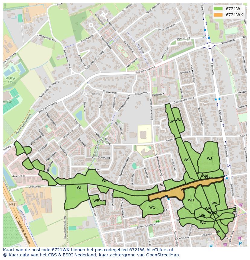 Afbeelding van het postcodegebied 6721 WK op de kaart.