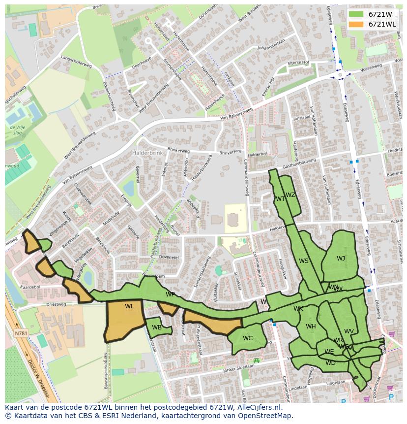Afbeelding van het postcodegebied 6721 WL op de kaart.