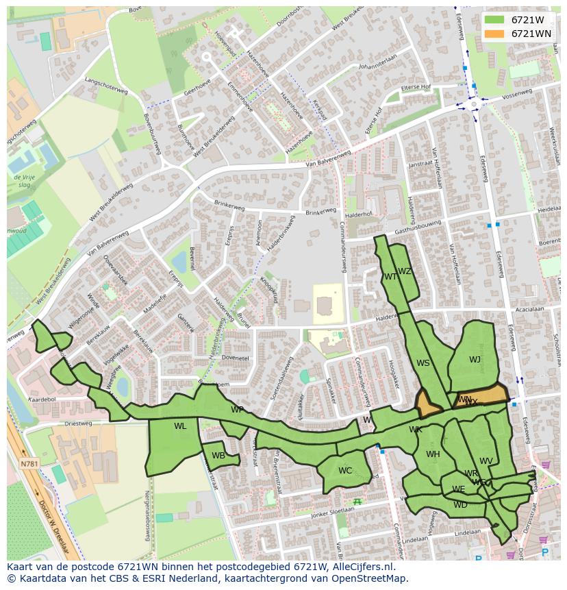 Afbeelding van het postcodegebied 6721 WN op de kaart.