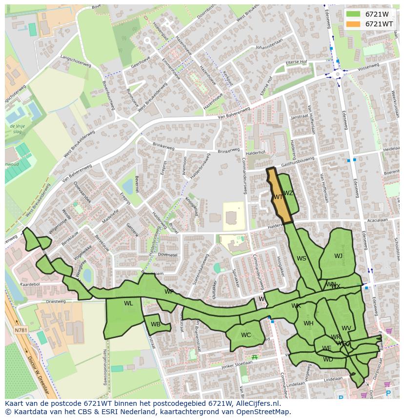 Afbeelding van het postcodegebied 6721 WT op de kaart.