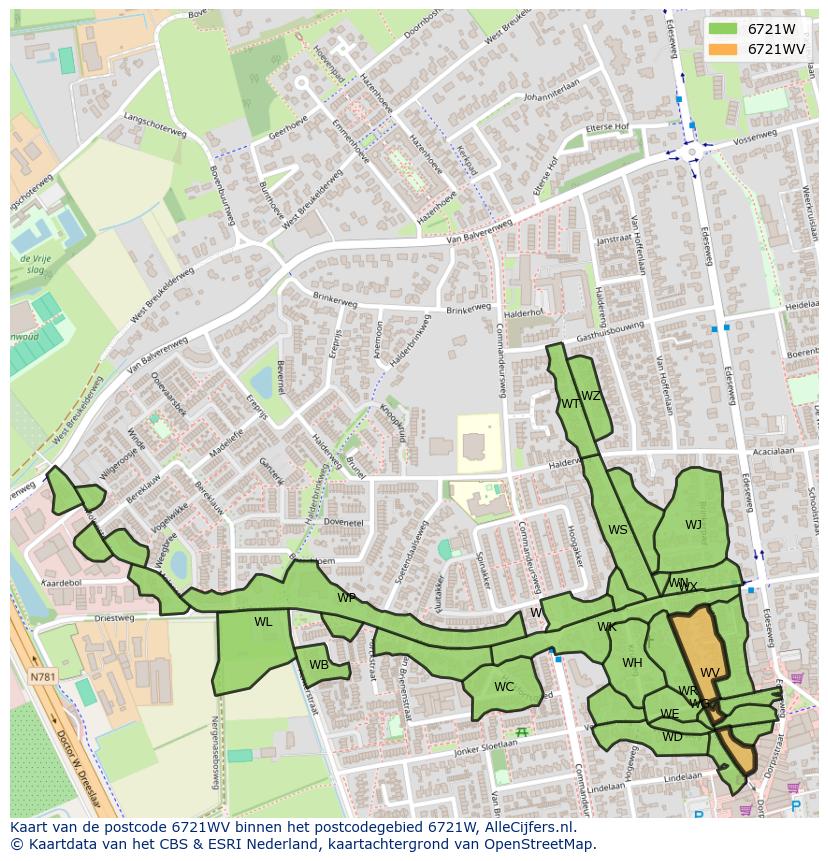 Afbeelding van het postcodegebied 6721 WV op de kaart.
