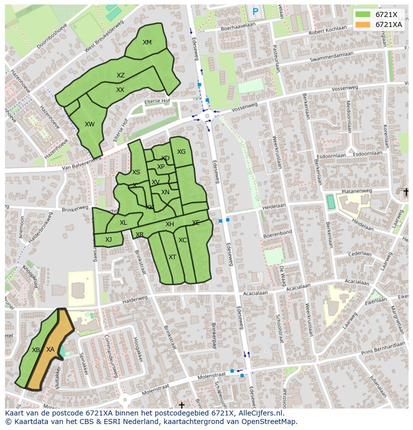 Afbeelding van het postcodegebied 6721 XA op de kaart.