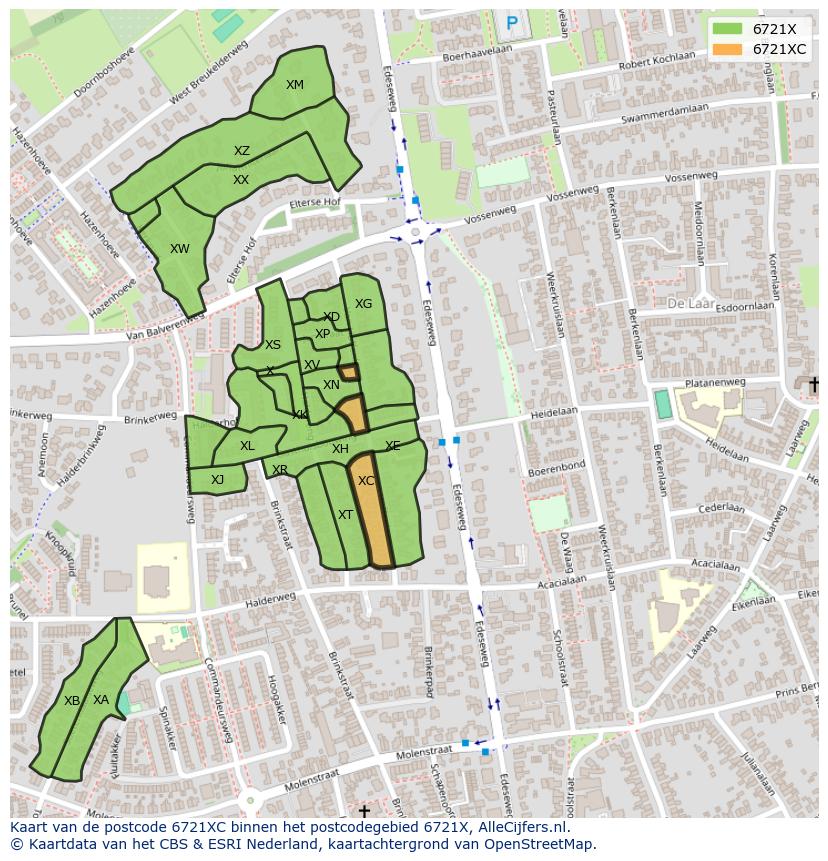 Afbeelding van het postcodegebied 6721 XC op de kaart.