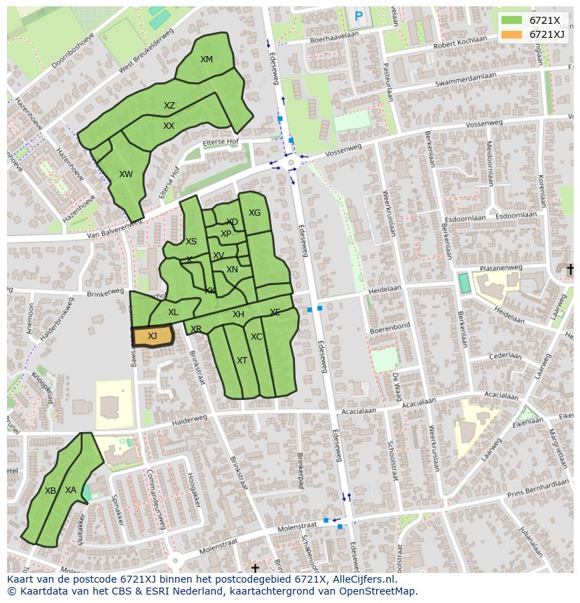 Afbeelding van het postcodegebied 6721 XJ op de kaart.
