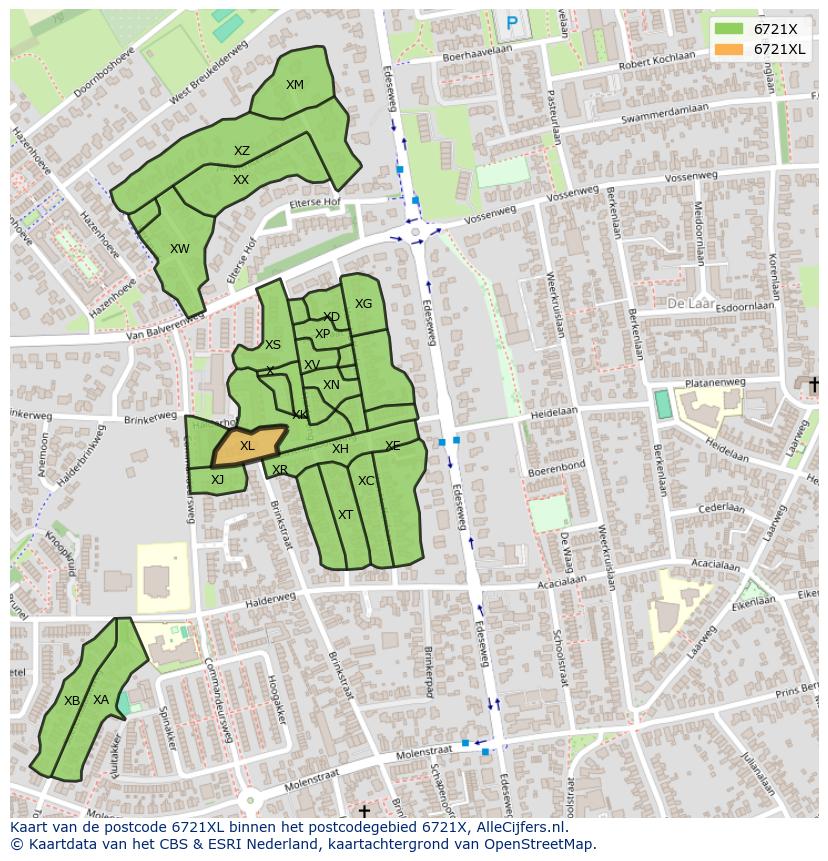 Afbeelding van het postcodegebied 6721 XL op de kaart.