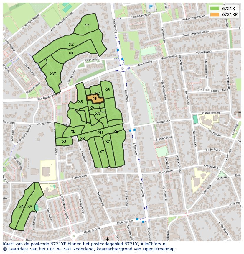 Afbeelding van het postcodegebied 6721 XP op de kaart.