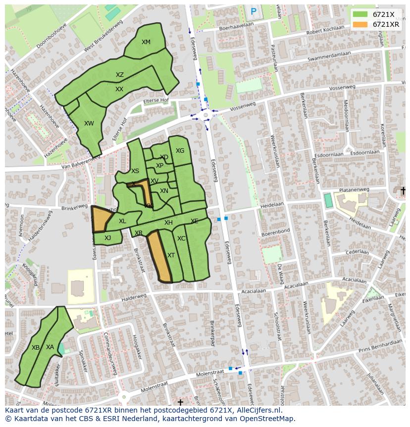 Afbeelding van het postcodegebied 6721 XR op de kaart.