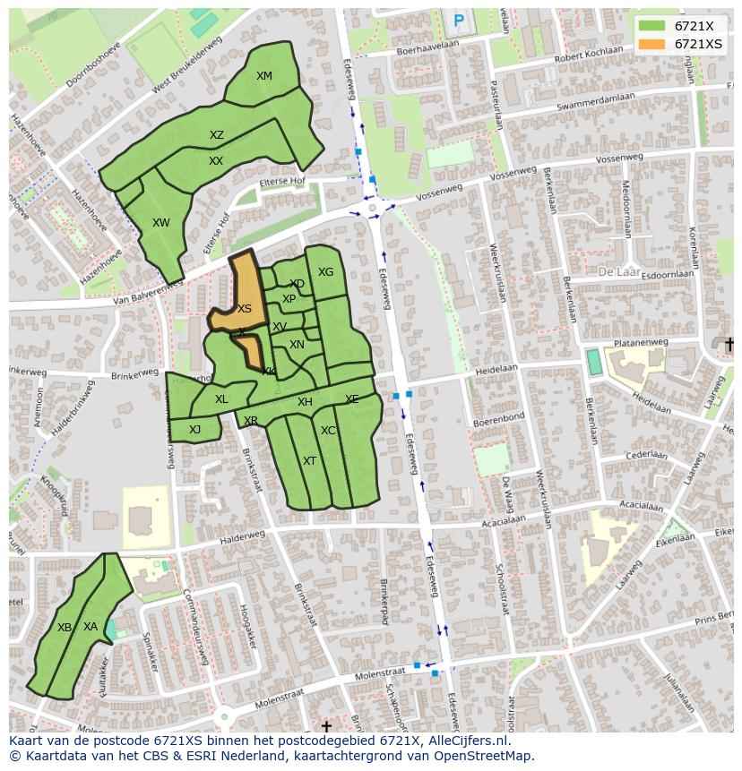 Afbeelding van het postcodegebied 6721 XS op de kaart.