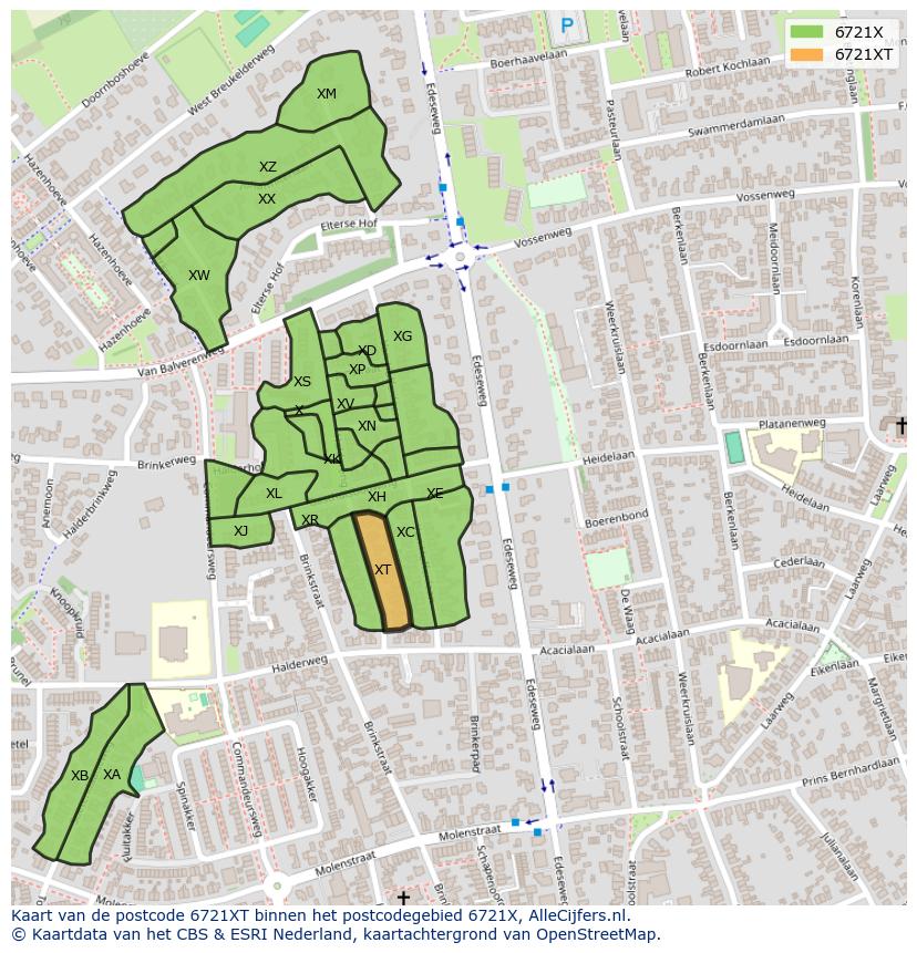 Afbeelding van het postcodegebied 6721 XT op de kaart.