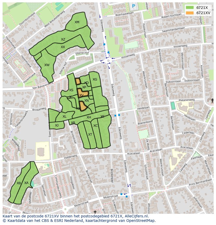Afbeelding van het postcodegebied 6721 XV op de kaart.