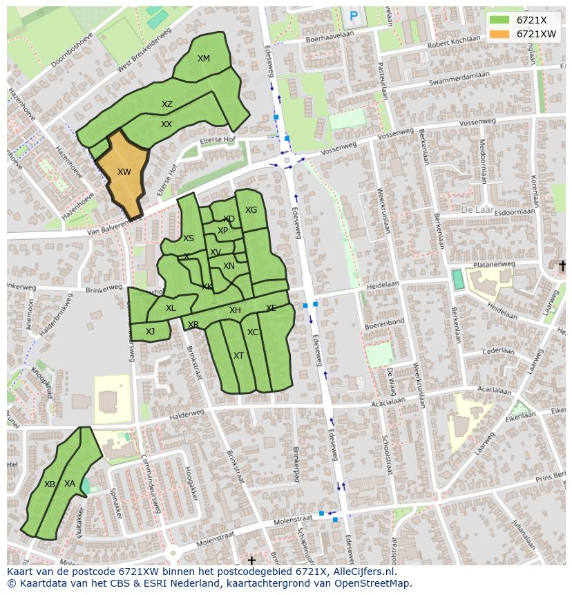 Afbeelding van het postcodegebied 6721 XW op de kaart.