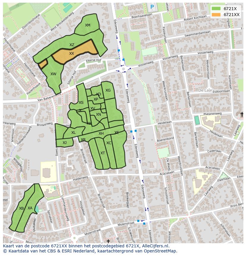 Afbeelding van het postcodegebied 6721 XX op de kaart.