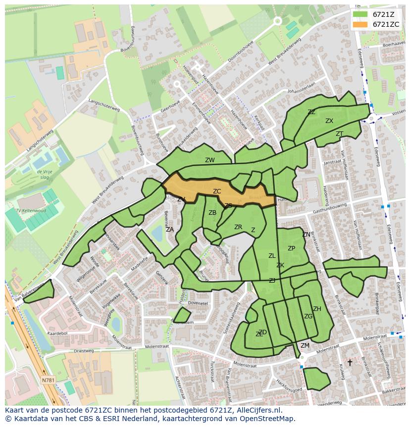 Afbeelding van het postcodegebied 6721 ZC op de kaart.